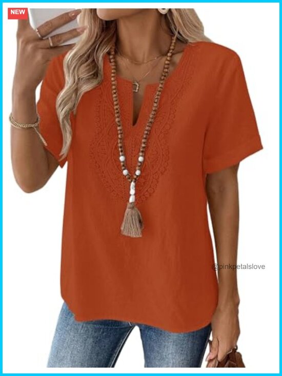 Tops - Womens Cotton Linen Tunic Top V-Neck Short Sleeve Lace Detail Loose Fit